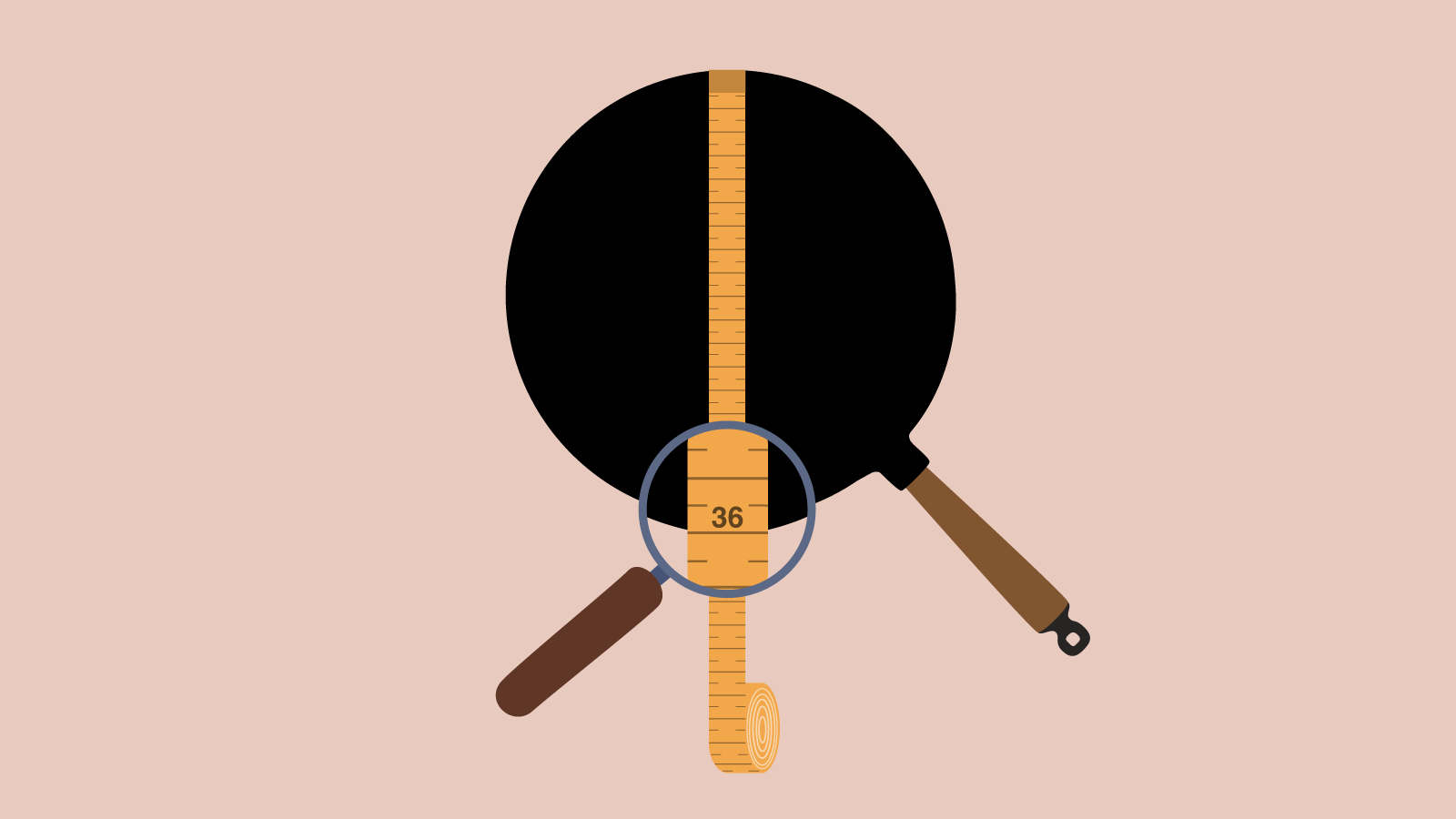 Illustration av ett måttband som mäter en gjutjärnspanna som är 36 centimeter.