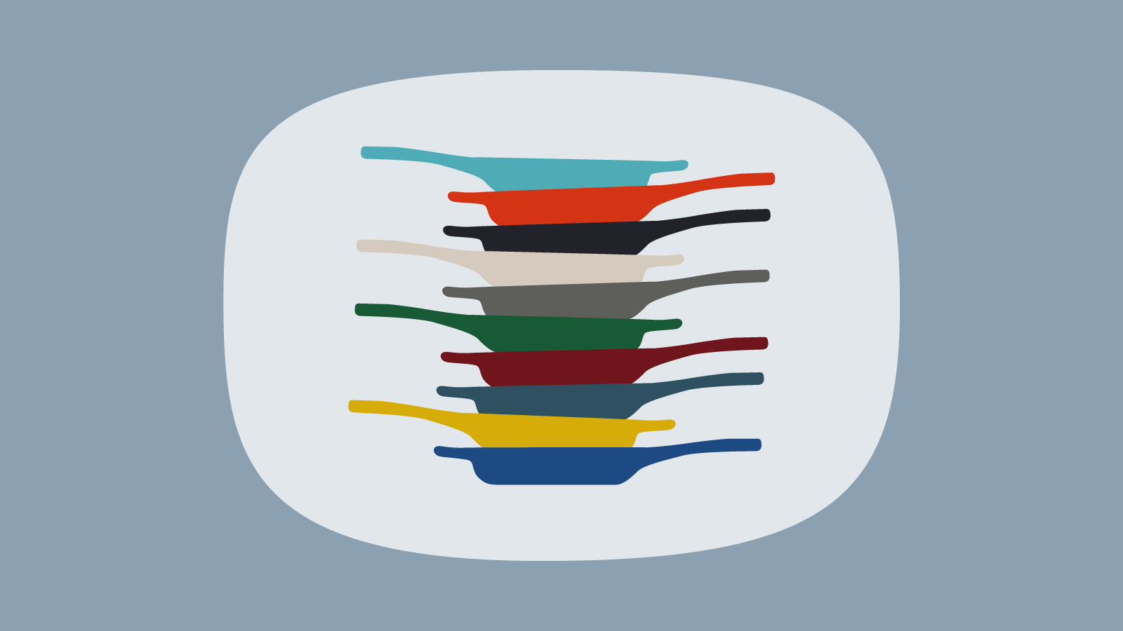 Illustration av flera färgglada gjutjärnspannor från Le Creuset som är staplade på varandra.
