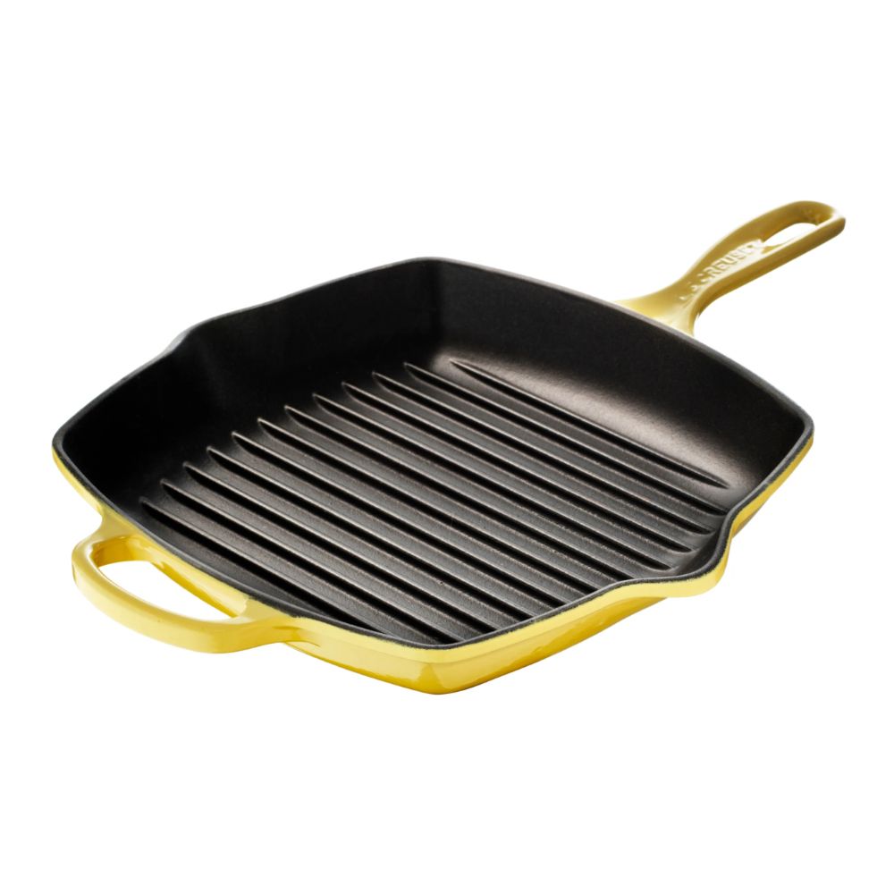 Kvadratisk grillpanna i gjutjärn från Le Creuset Signature i färgen soleil på 26 cm.