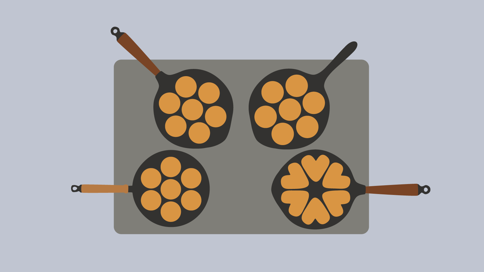 Illustration av fyra olika plättlagg i gjutjärn som står på en induktionshäll.
