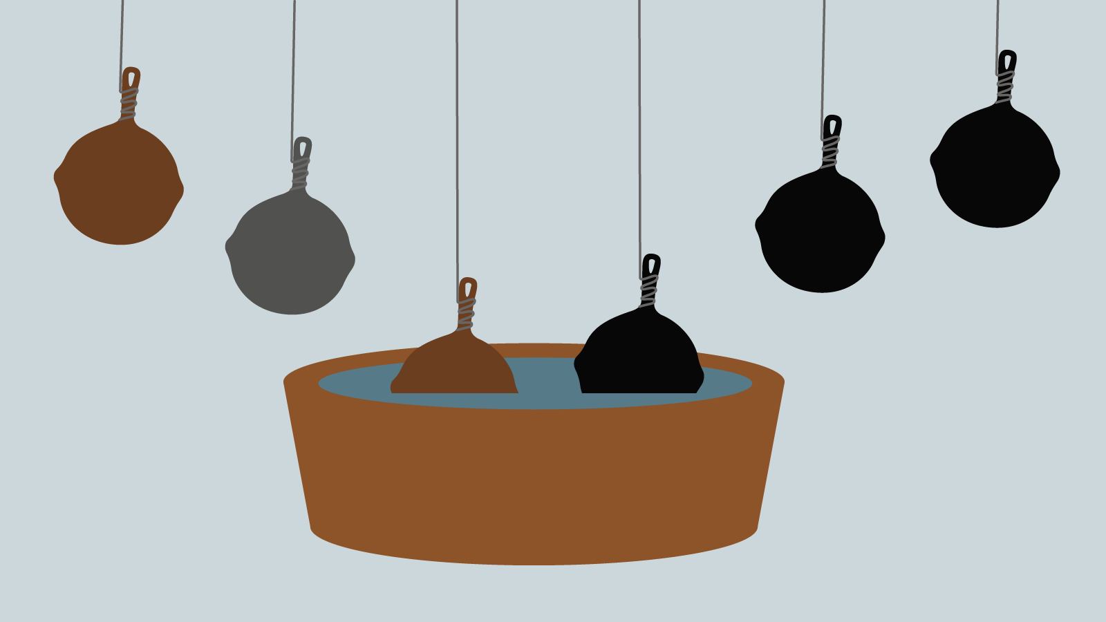 Illustration av gamla och rostiga gjutjärnspannor som rengörs i en badtunna.
