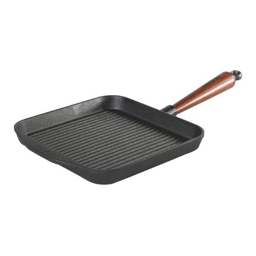 Fyrkantig grillpanna i gjutjärn från Skeppshult Traditional med trähandtag på 25 x 25 cm.
