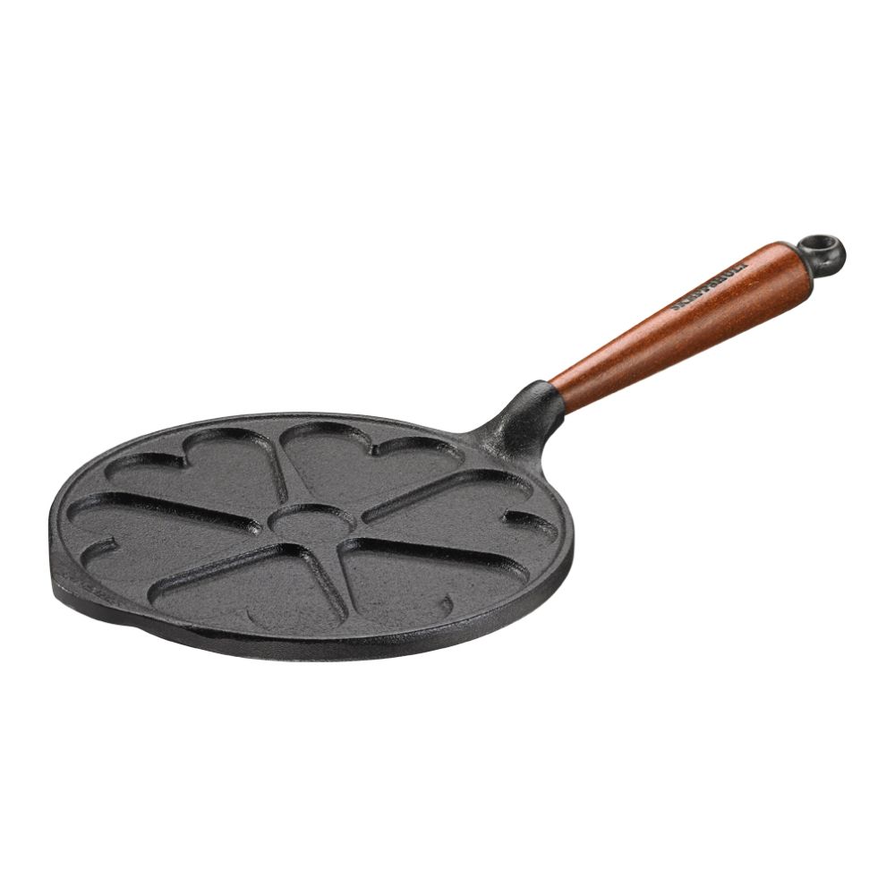 Hjärtplättpanna i gjutjärn från Skeppshult Traditional med trähandtag på 23 cm.