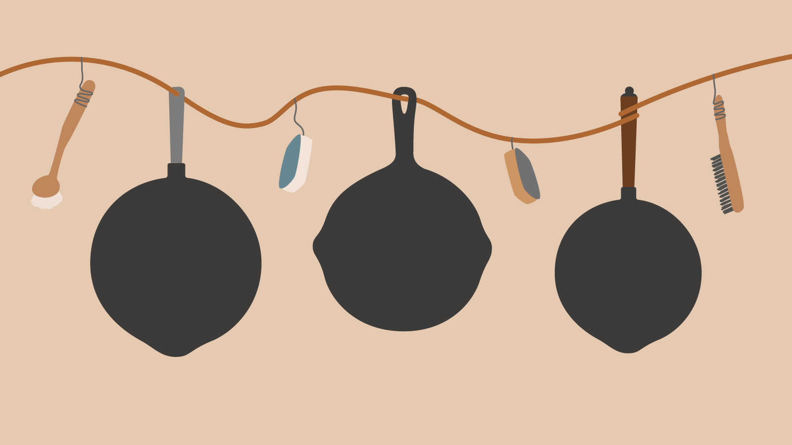 Illustration av upphängda gjutjärnspannor och dess skötseltillbehör.