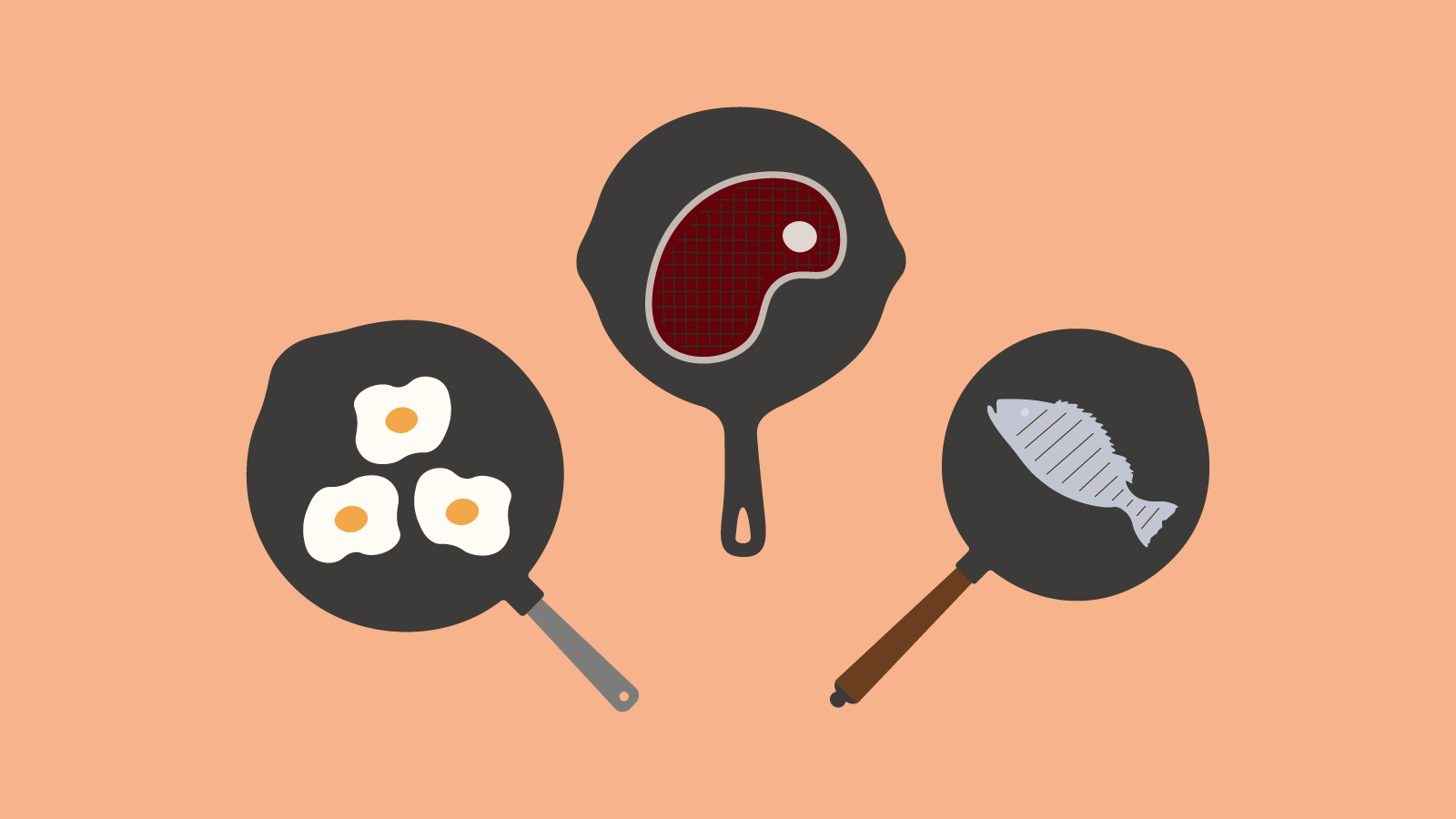 Illustration av stekt ägg, kött och fisk i olika gjutjärnspannor.